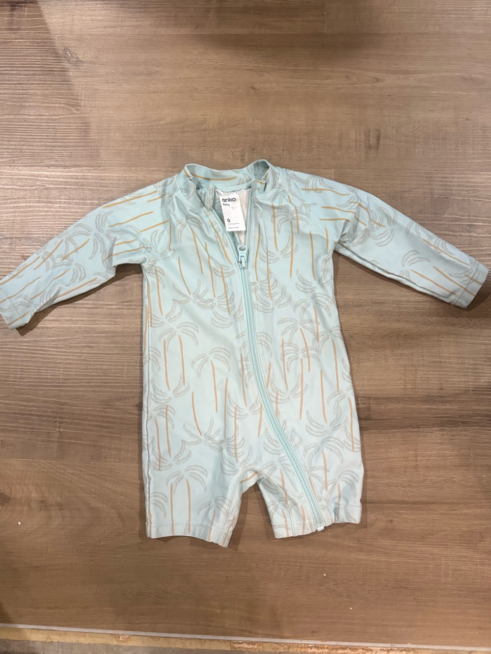 Light Aqua Zip Front Baby swimsuit  with Palm Print